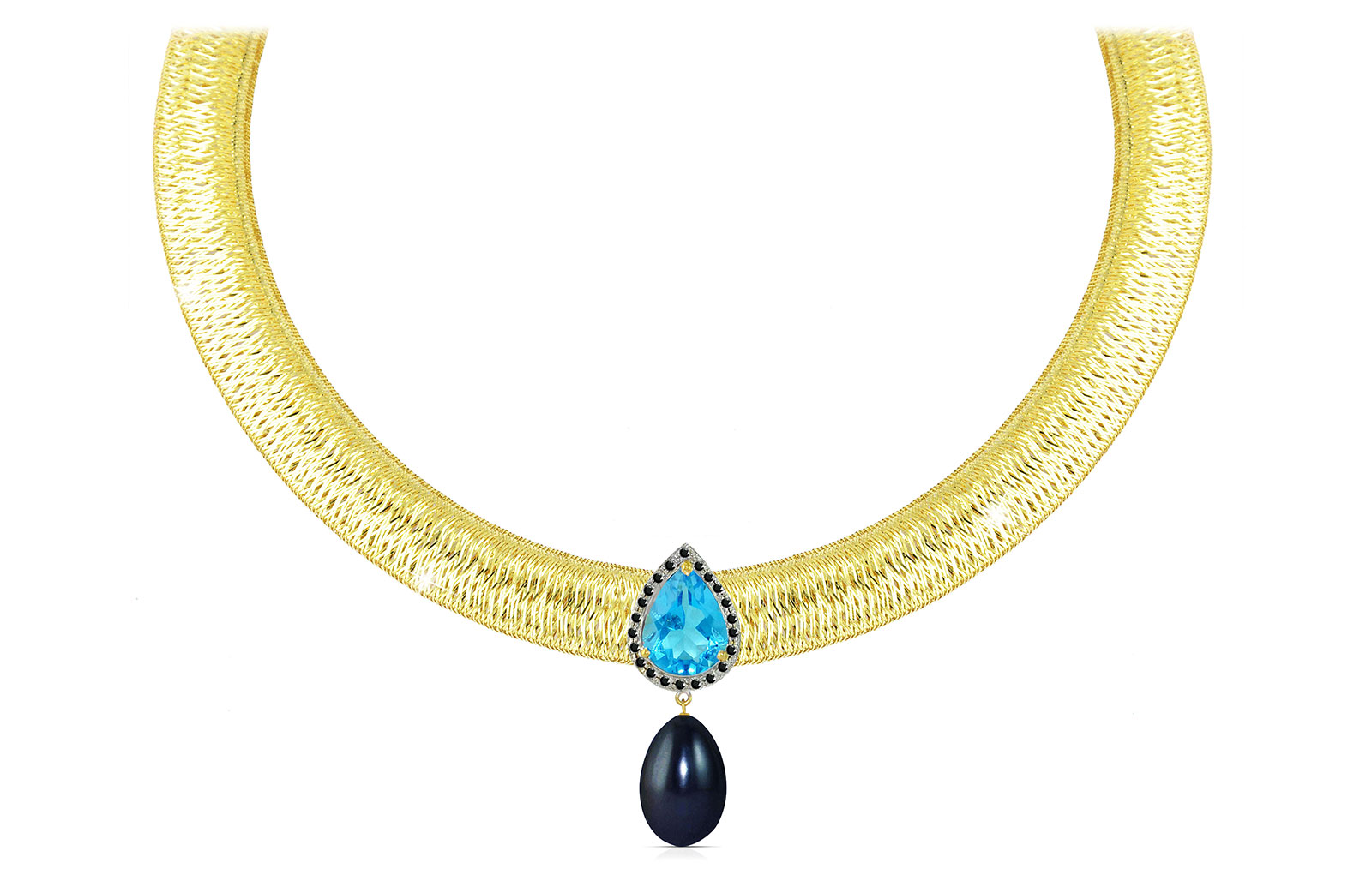Vera Perla 18K Gold 0.12ct Black Diamonds, Topaz and 13mm Black Pearl Necklace